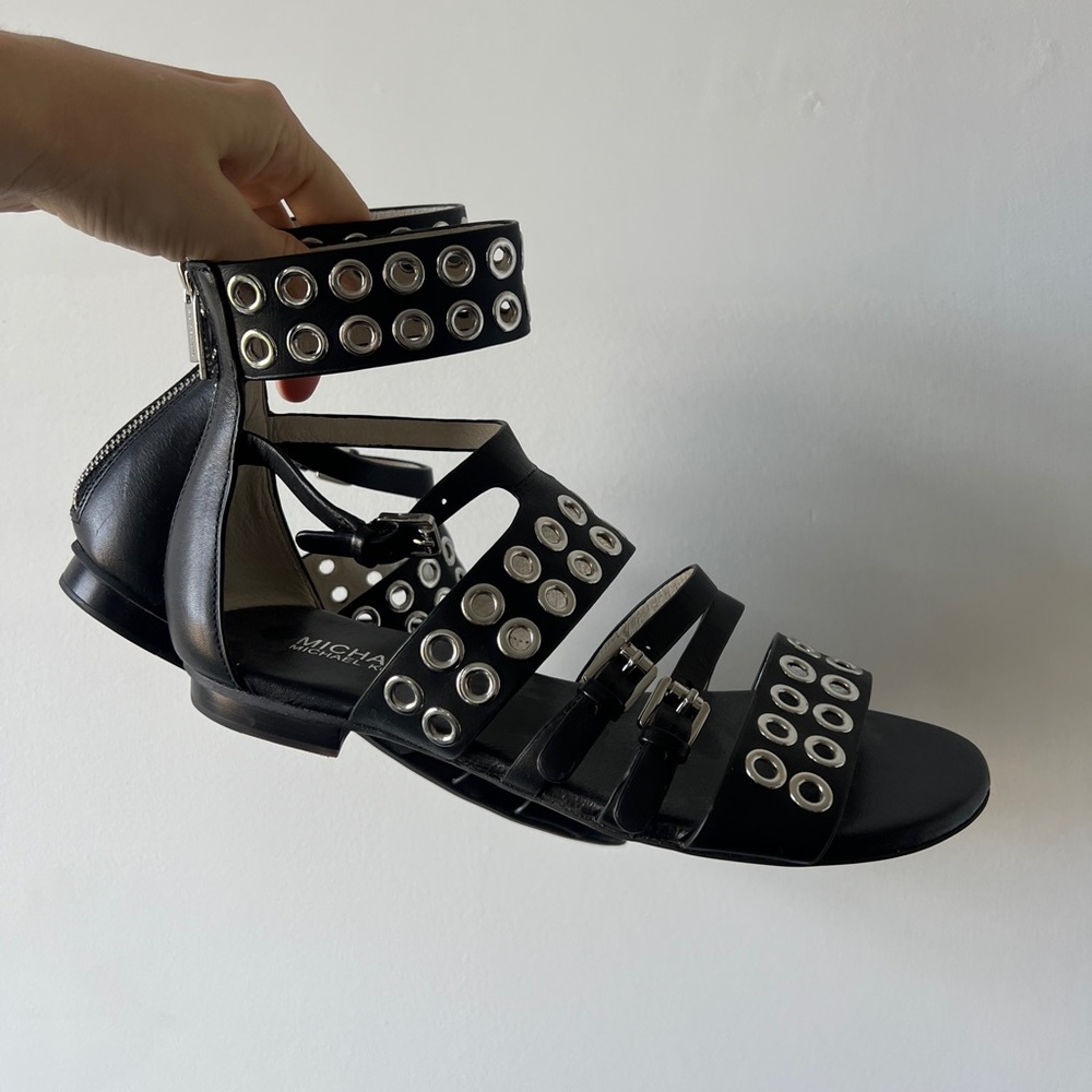 Michael Kors black leather silver eyelet studded multi strap buckle sandals